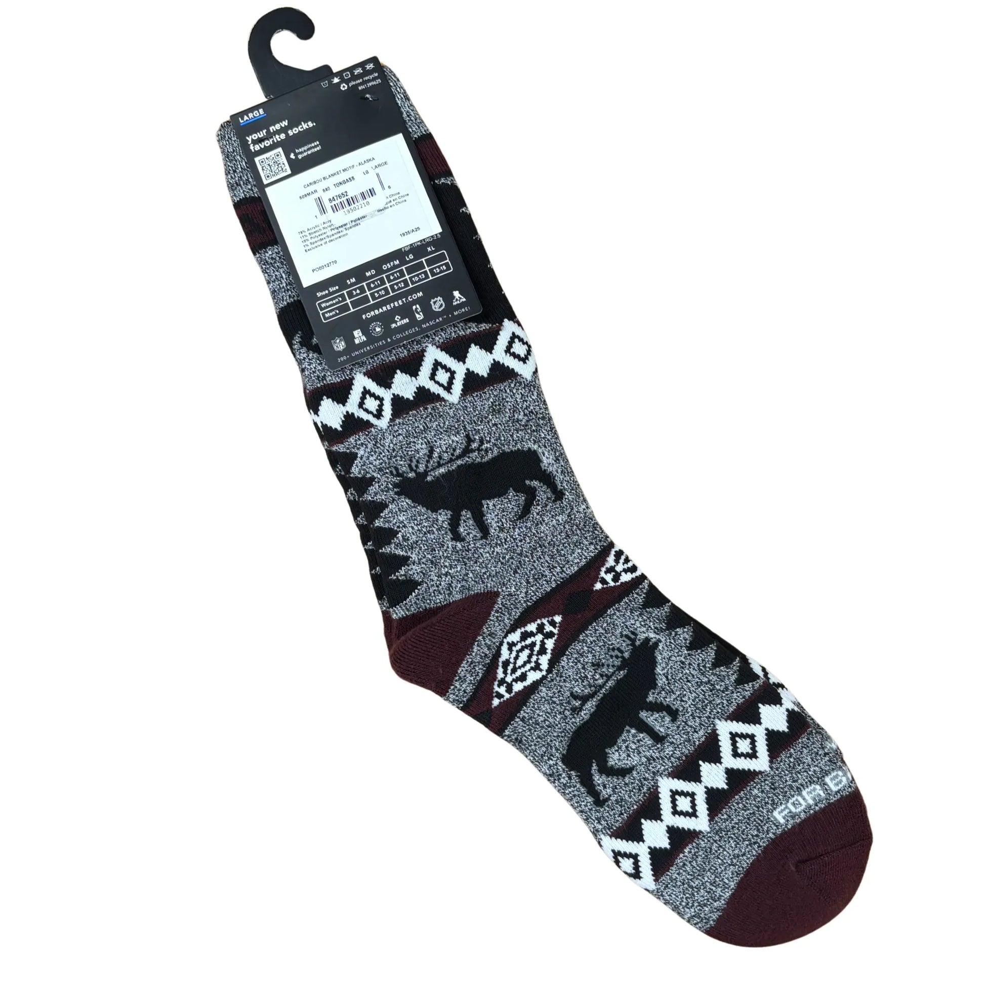 Gray sock with black and white pattern on a white background