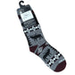 Gray sock with black and white pattern on a white background