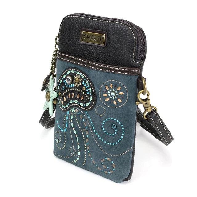 Side view of a blue crossbody phone bag with jellyfish design and star charm on a white background