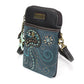 Side view of a blue crossbody phone bag with jellyfish design and star charm on a white background