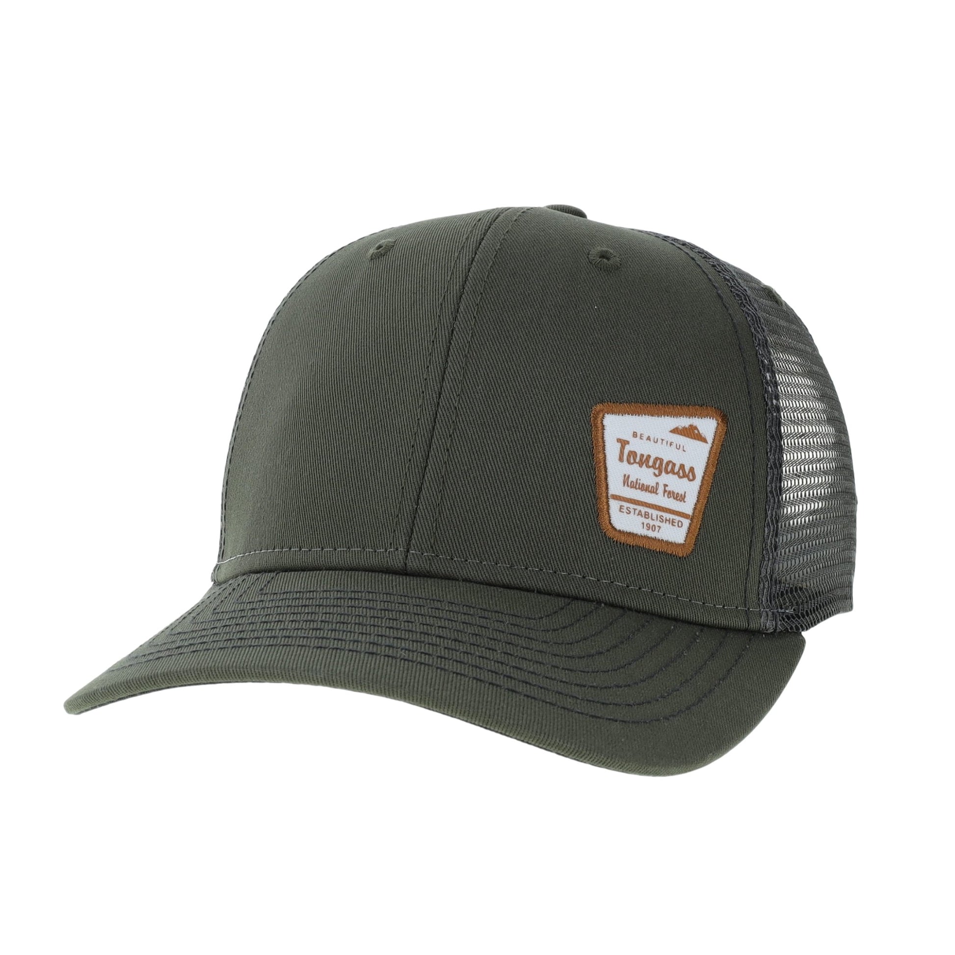 green cap with a tongass national forest sign patch 