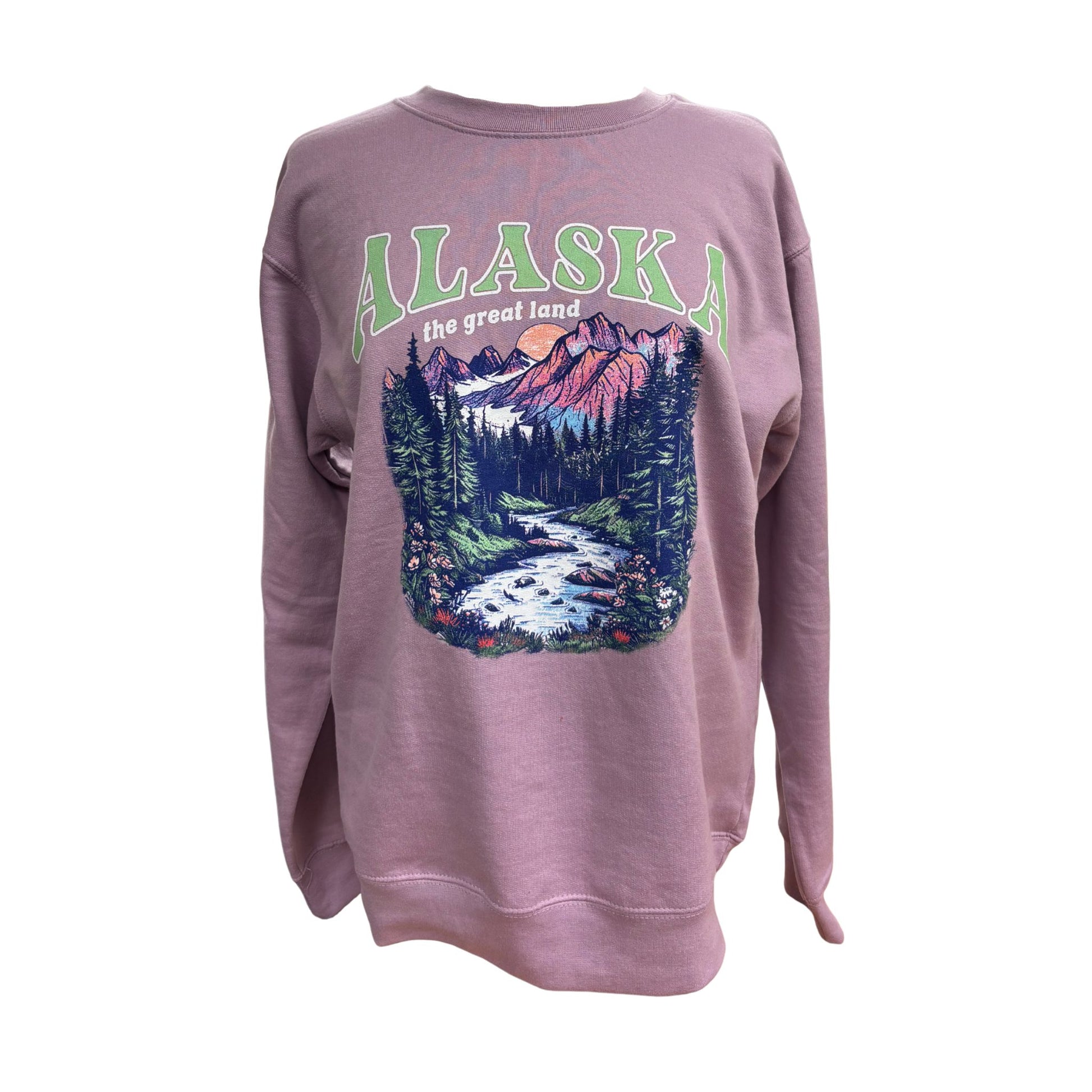 Purple sweatshirt with Alaska graphic design on a white background