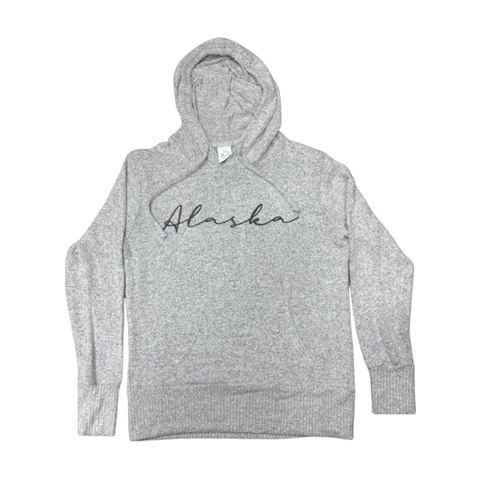 Gray hoodie with 'Alaska' text on a white background