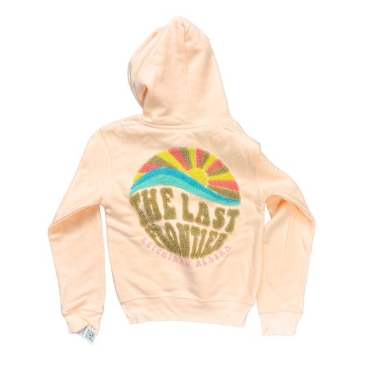 peach colored youth hoodie with chenille Alaska design