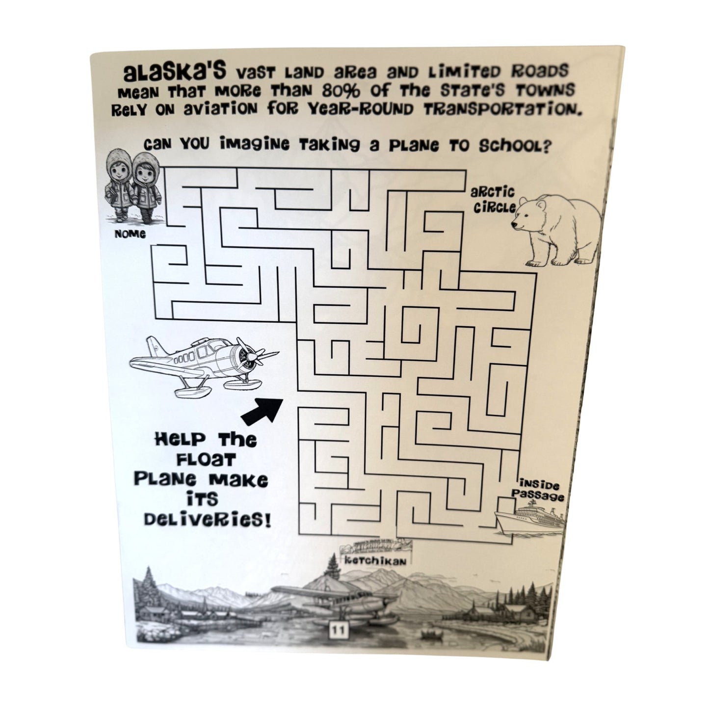 Labyrinth puzzle with Alaska-themed graphics and text 