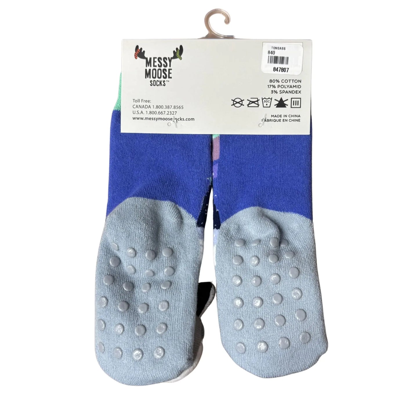 Blue socks with gray sole 