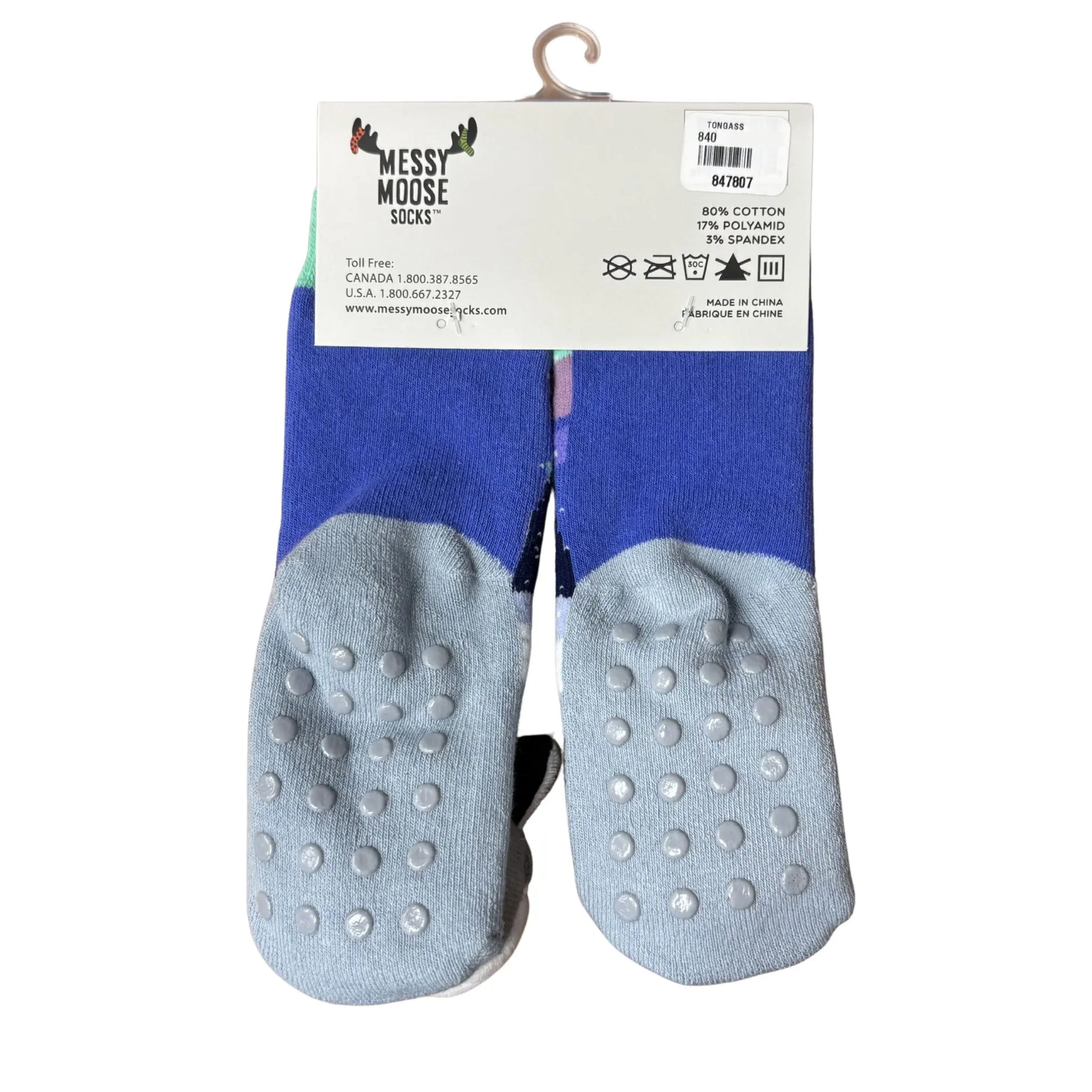 Blue socks with gray sole 