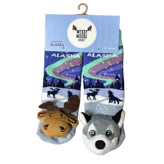 Pair of children's socks with moose and wolf design 