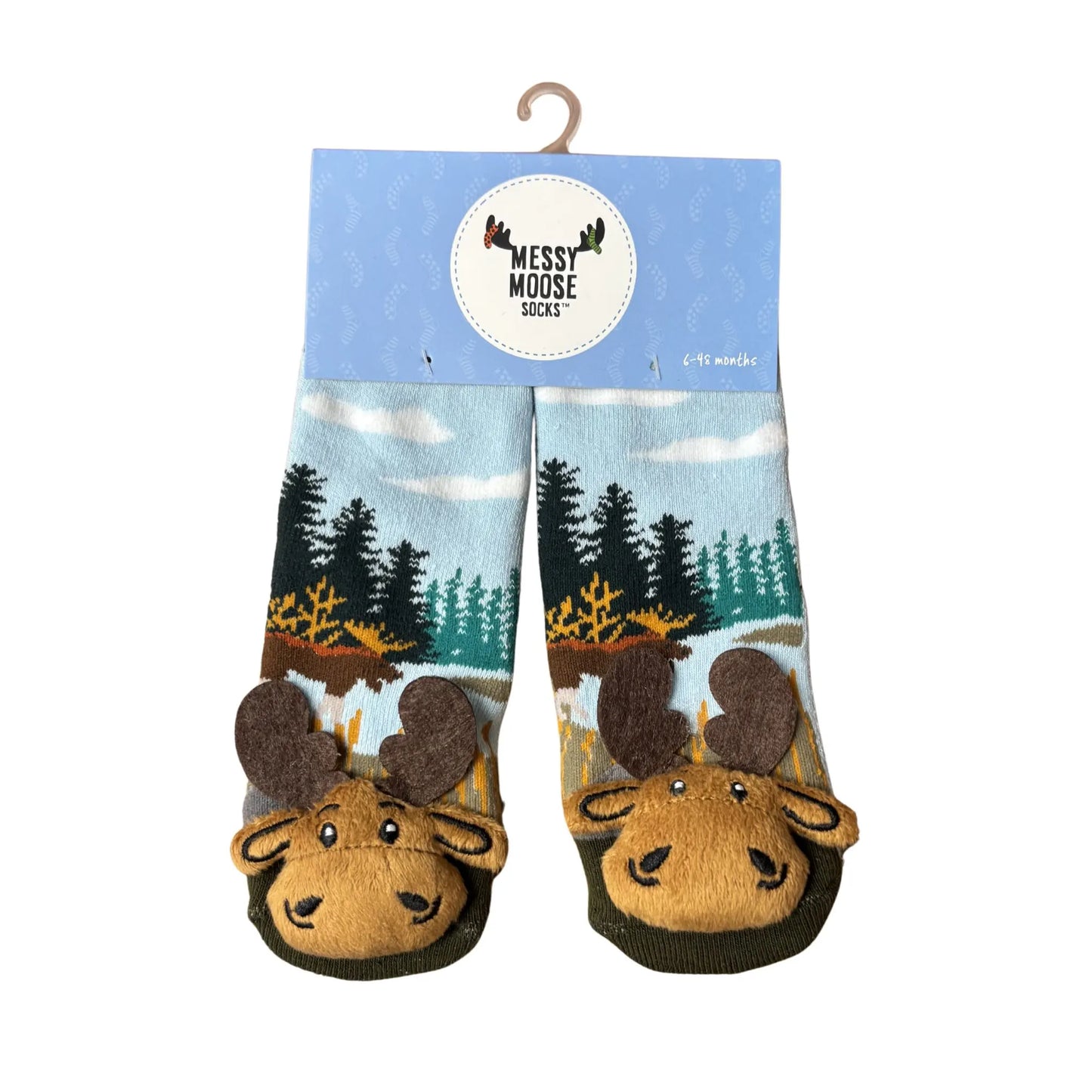 Pair of moose-themed socks with a scenic design