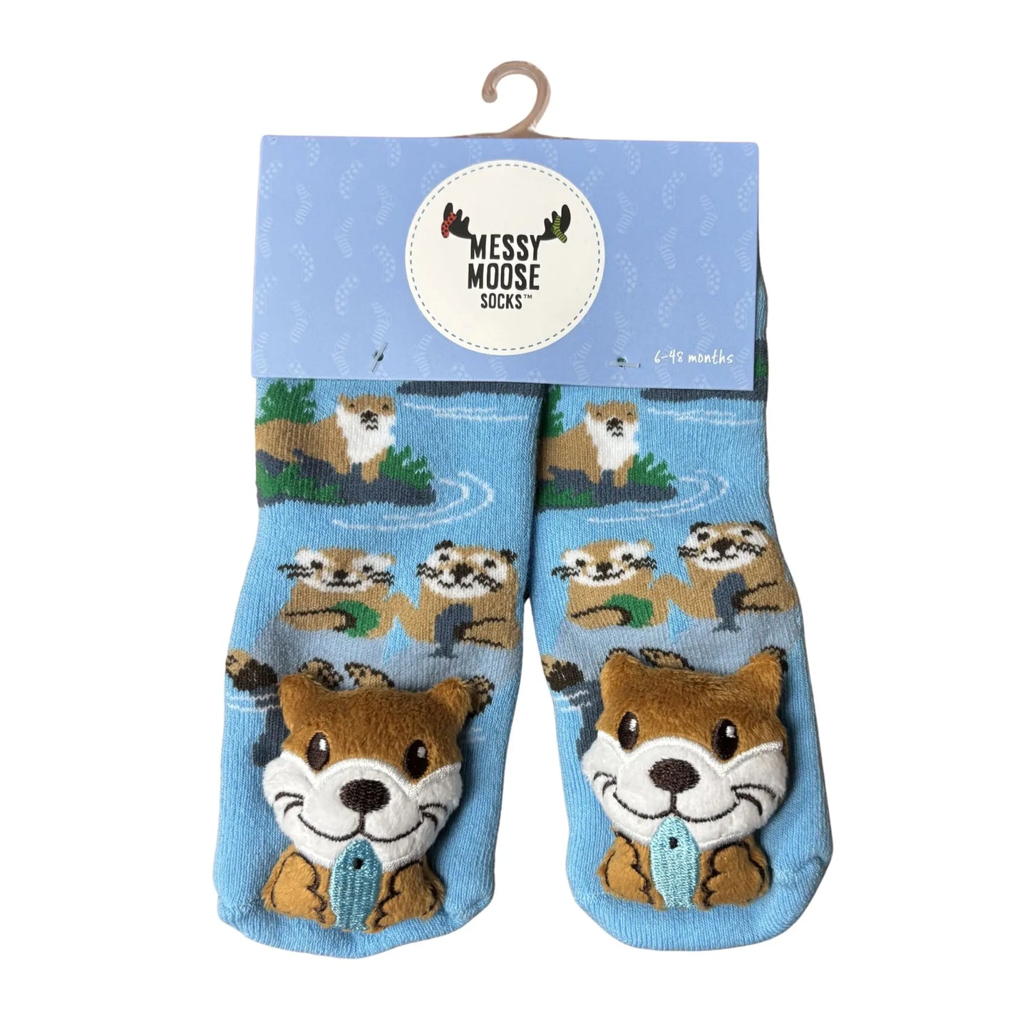 Children's socks with otter design in packaging on a white background