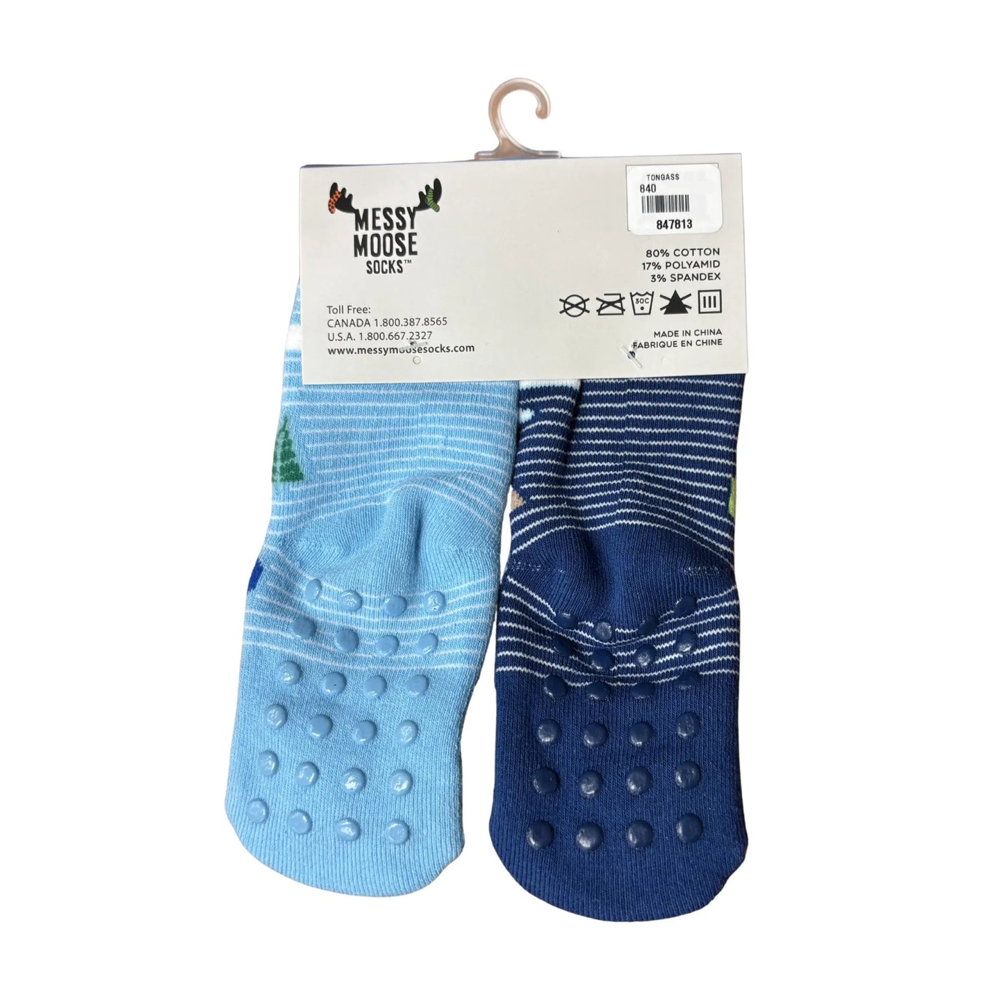 Pair of blue and navy socks with textured sole