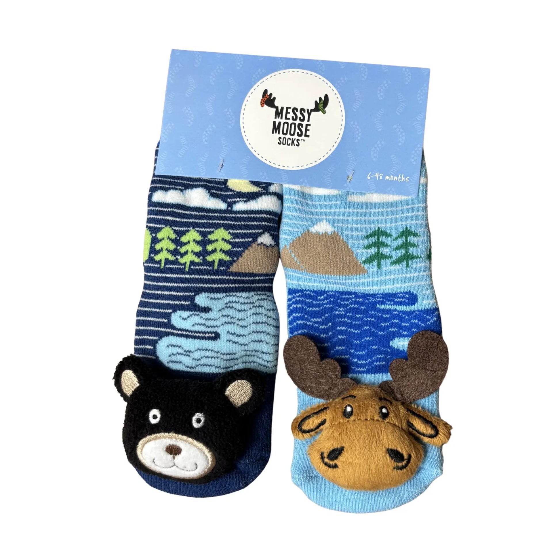 Pair of infant socks with bear and moose design on a blue background