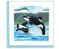 Two orcas jumping out of water with mountains in the background