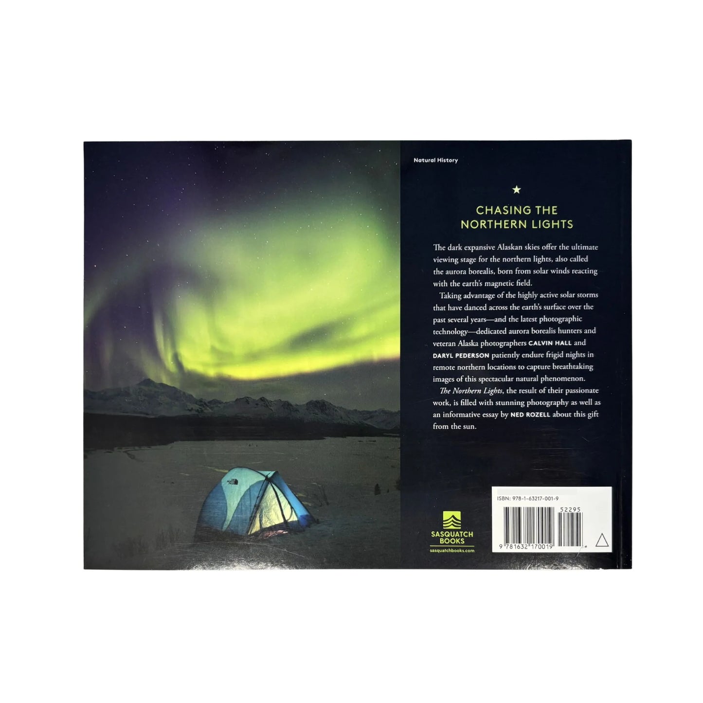 Book cover with Northern Lights and tent on a white background