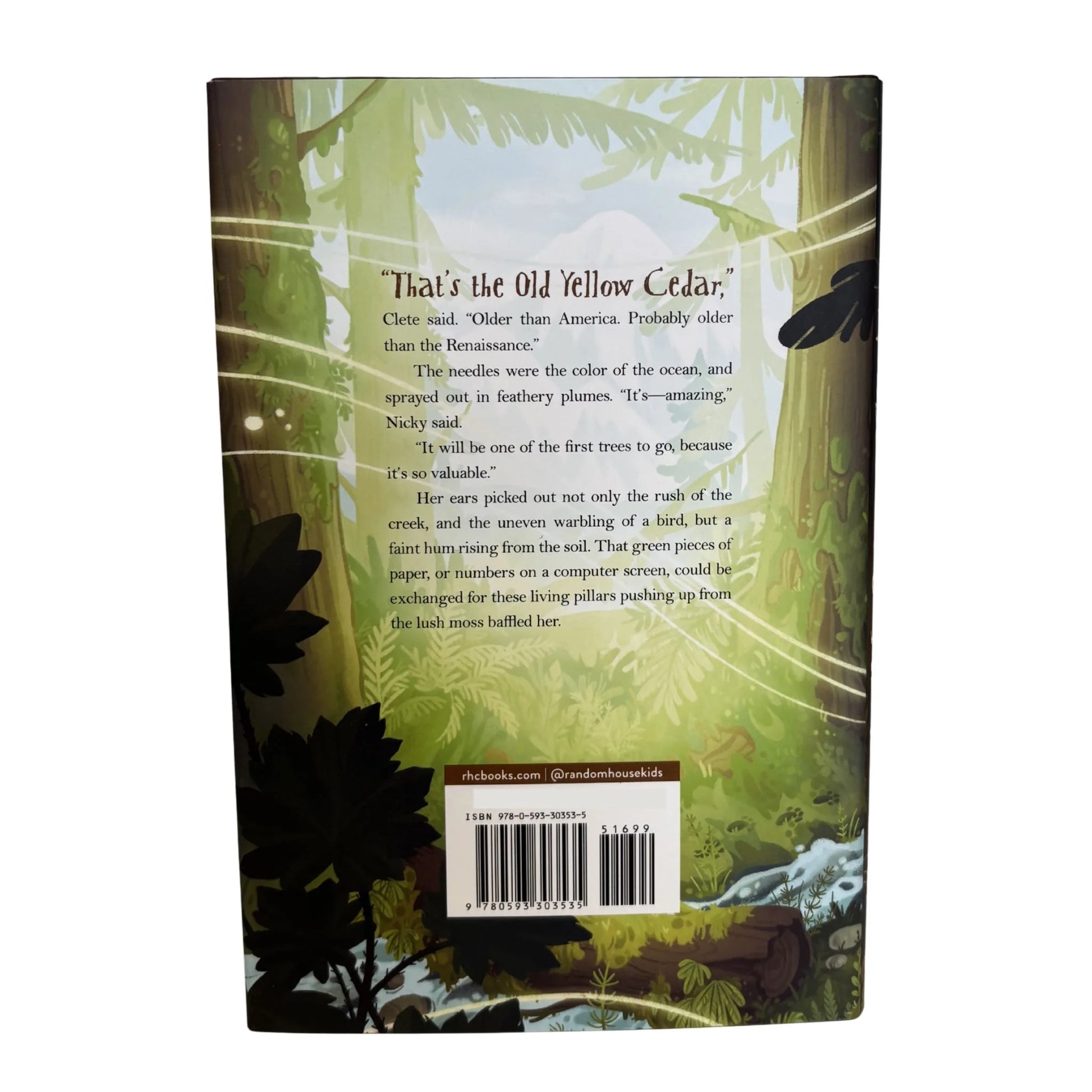 Book back cover with forest design and text