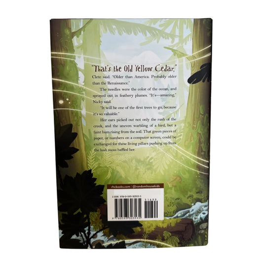Book back cover with forest design and text