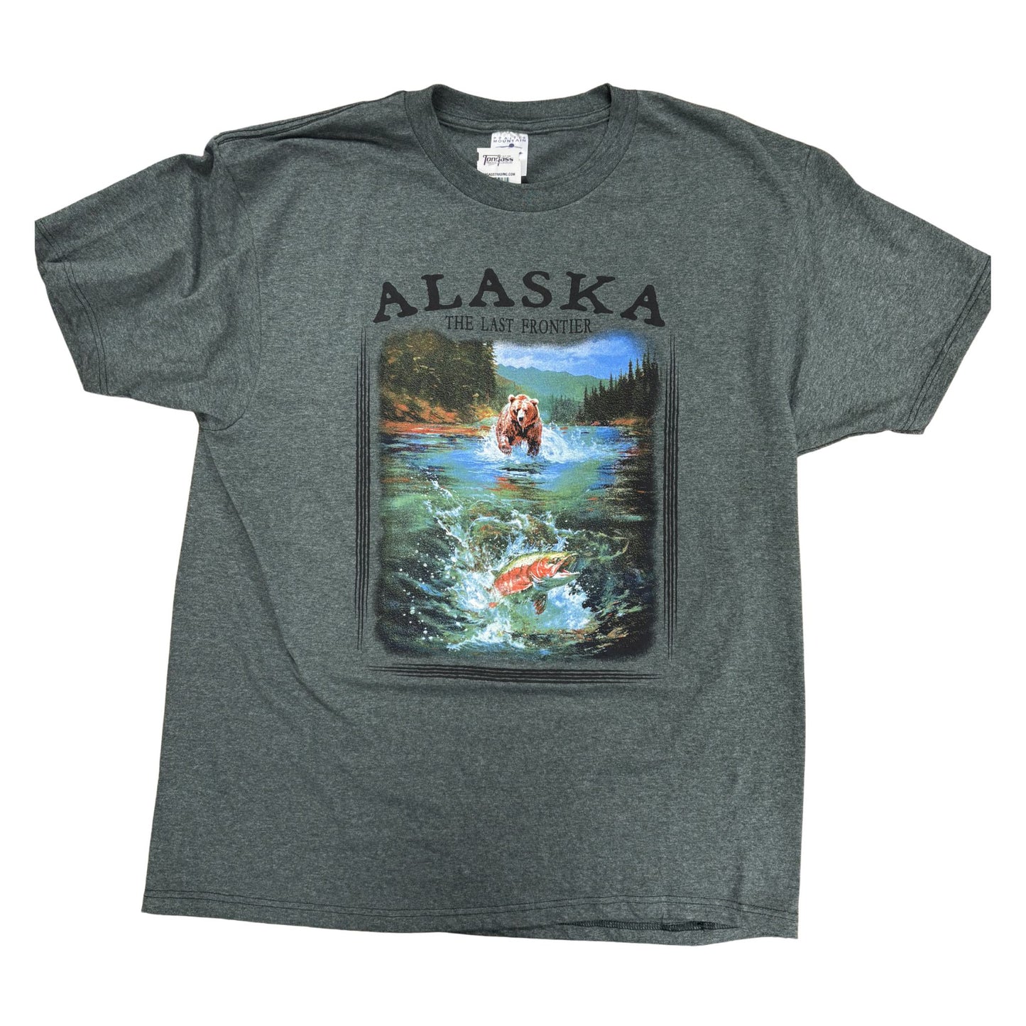  t-shirt with Alaska graphic design featuring a bear and salmon.