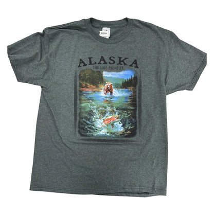 T-shirt with Alaska graphic design featuring a bear and salmon.