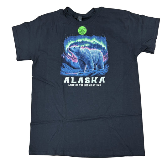 Black t-shirt with a bear and Northern Lights graphic and 'Alaska Land of the Midnight Sun' text