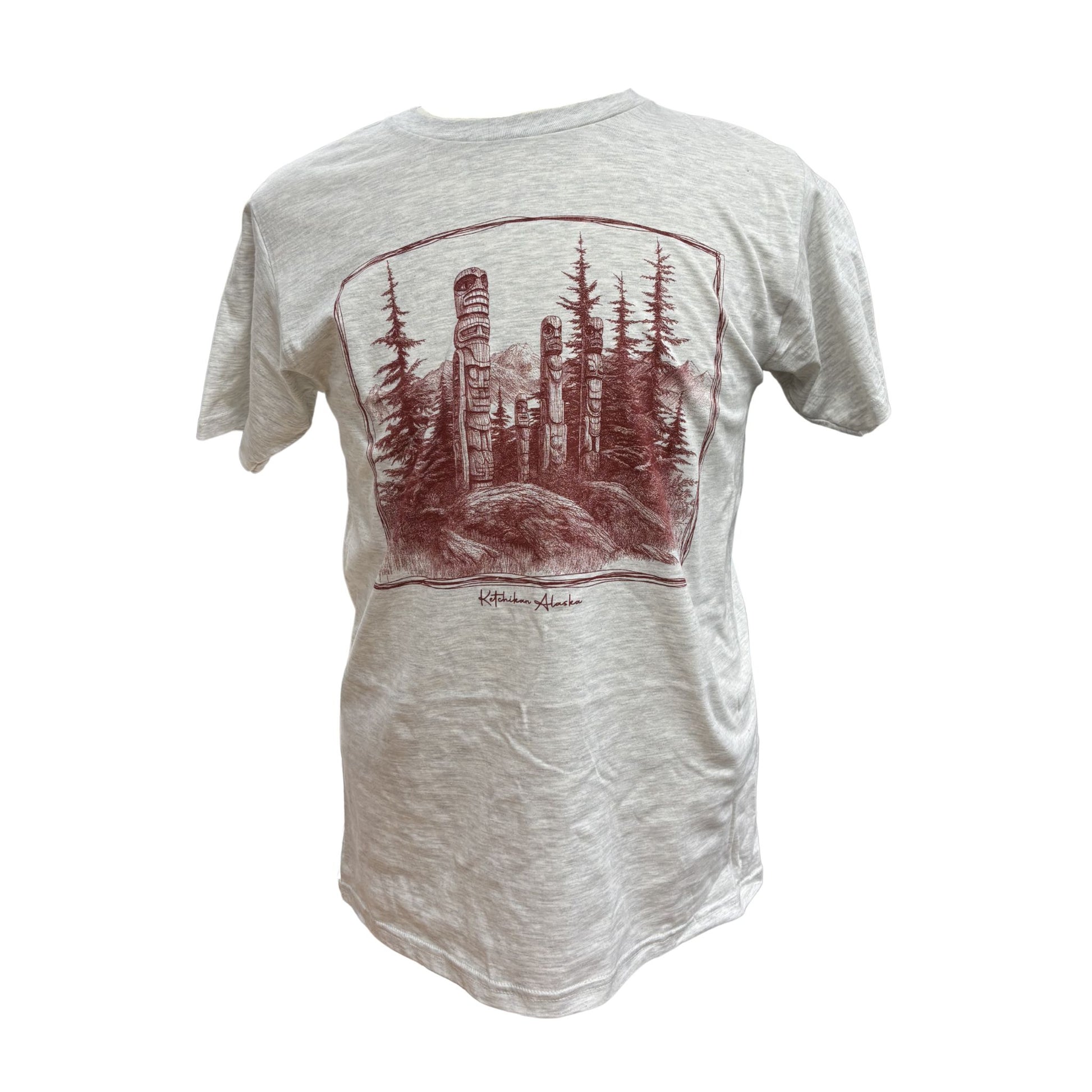 Gray t-shirt with red forest graphic on a white background