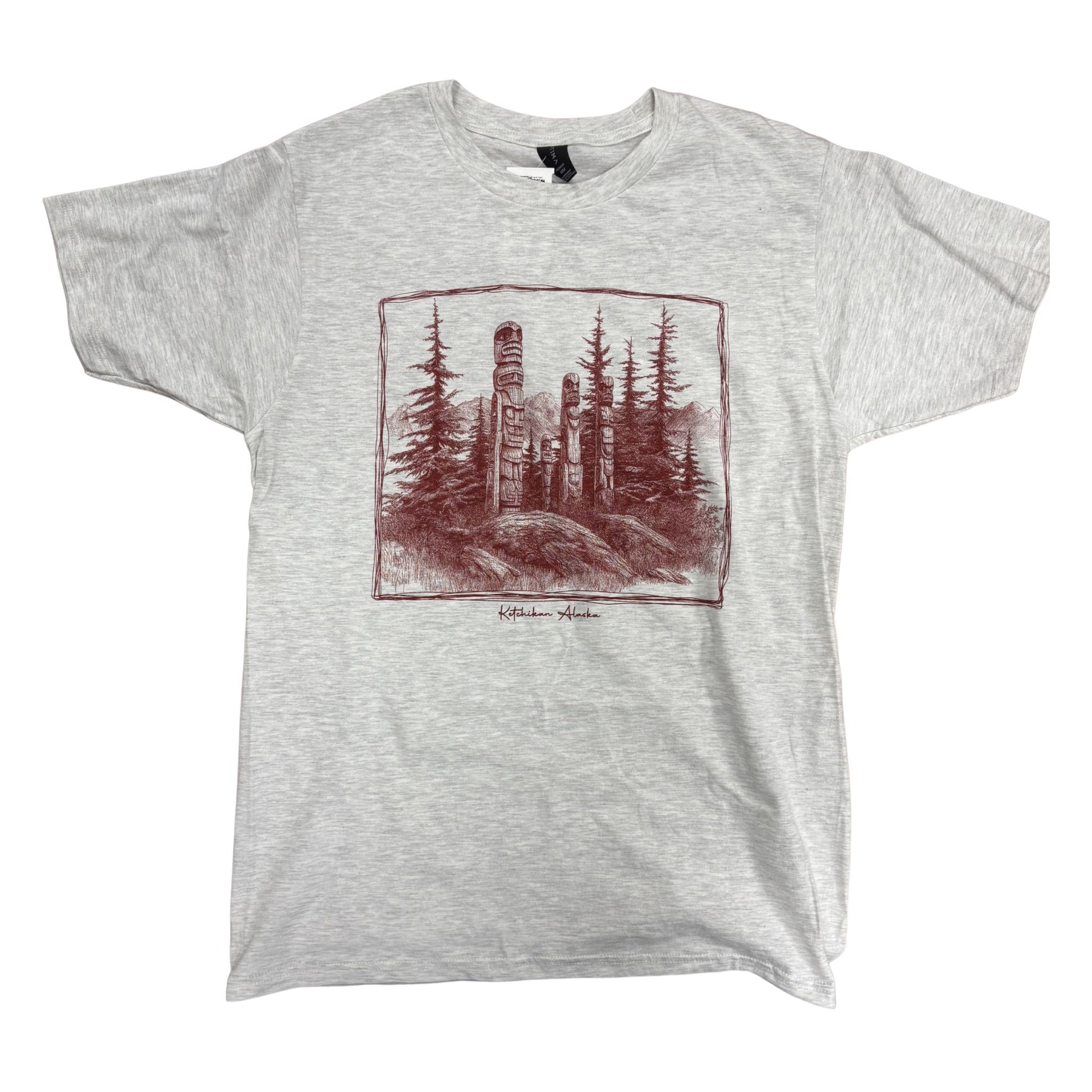 Gray t-shirt with a red graphic of trees and totems 