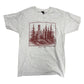 Gray t-shirt with a red graphic of trees and totems 
