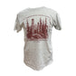 Gray t-shirt with red forest graphic on a white background