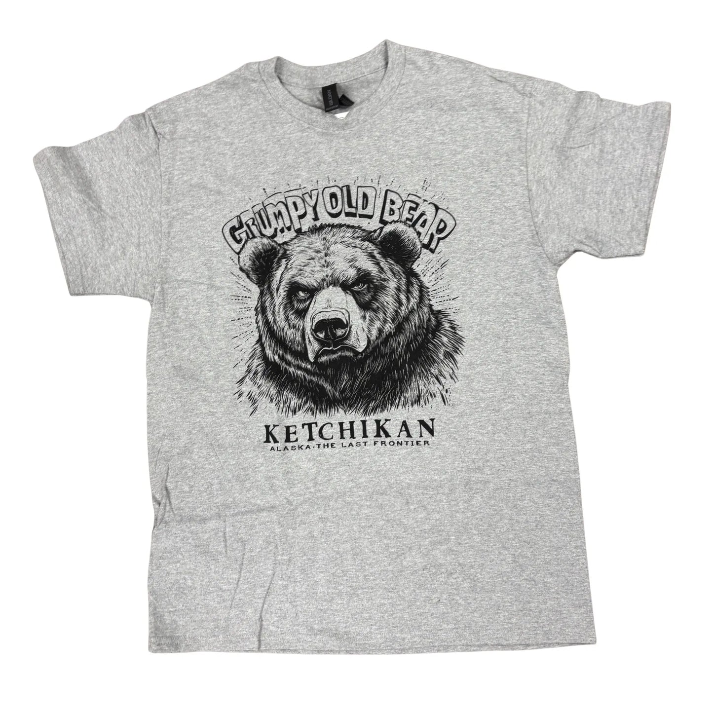 Gray t-shirt with a bear graphic and grumpy old bear text 