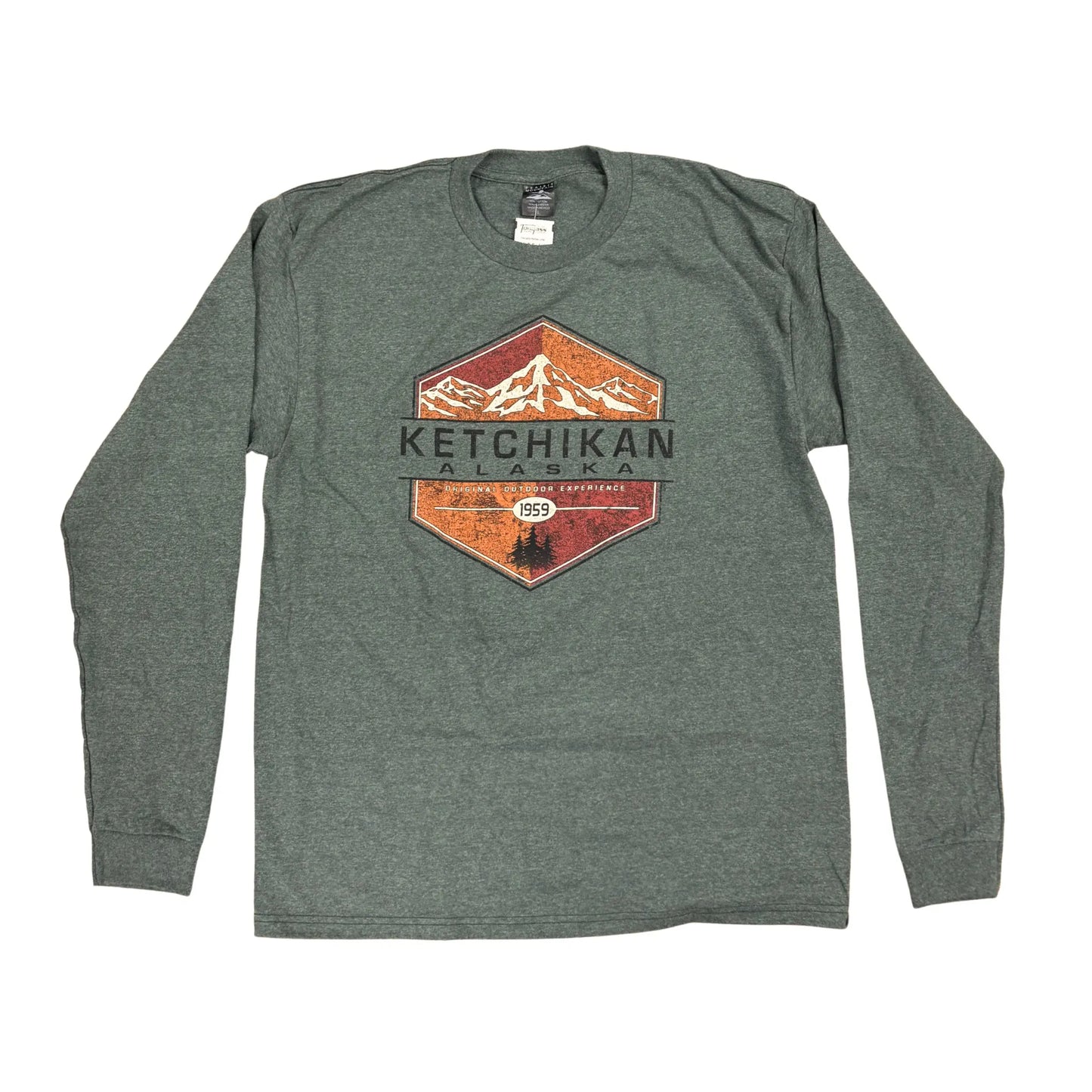 Green long sleeve with orange mountain design and Ketchikan Alaska Text