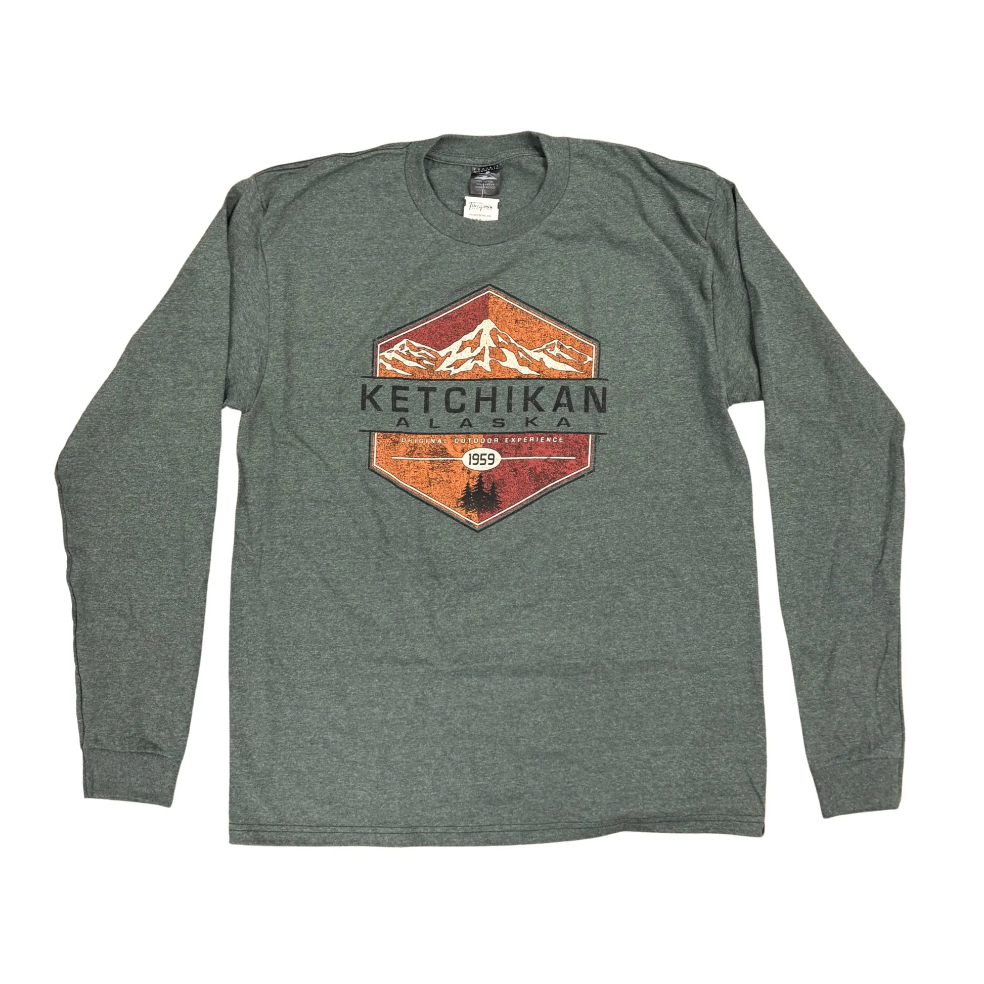 Green long sleeve with orange mountain design and Ketchikan Alaska Text