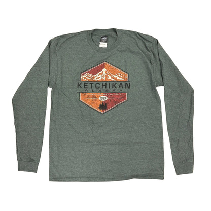 Green long sleeve with orange mountain design and Ketchikan Alaska Text