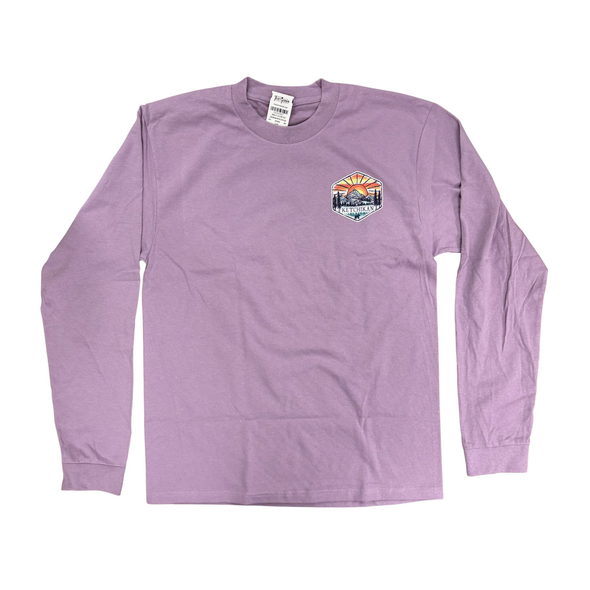 Purple long-sleeve shirt with a graphic on a white background