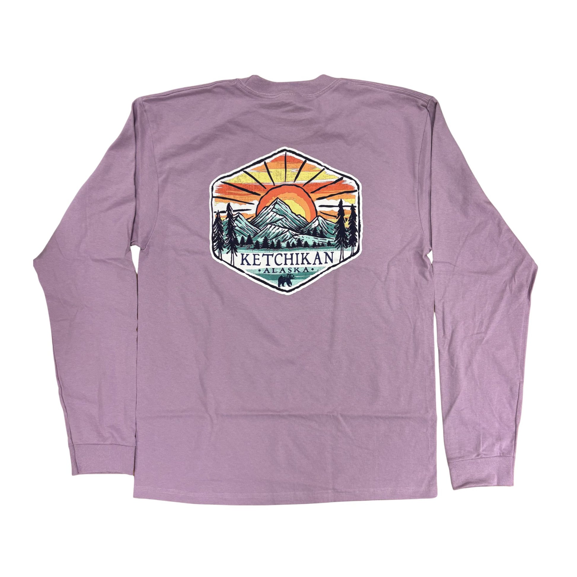 Purple long-sleeve shirt with a scenic graphic and 'Ketchikan' text on a white background