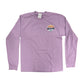 Purple long-sleeve shirt with a graphic on a white background