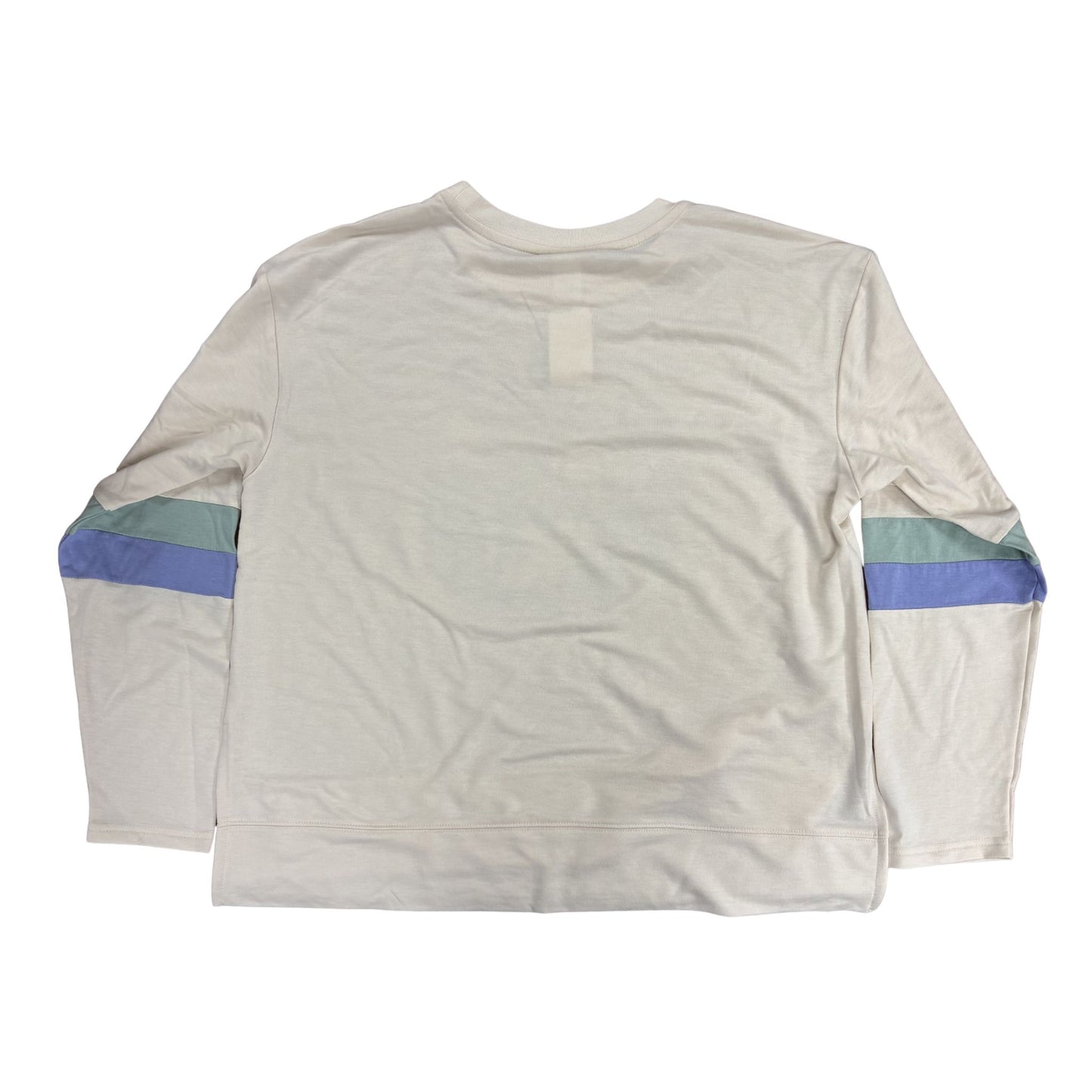 Light long-sleeve shirt with blue and green accents on sleeves against a white background