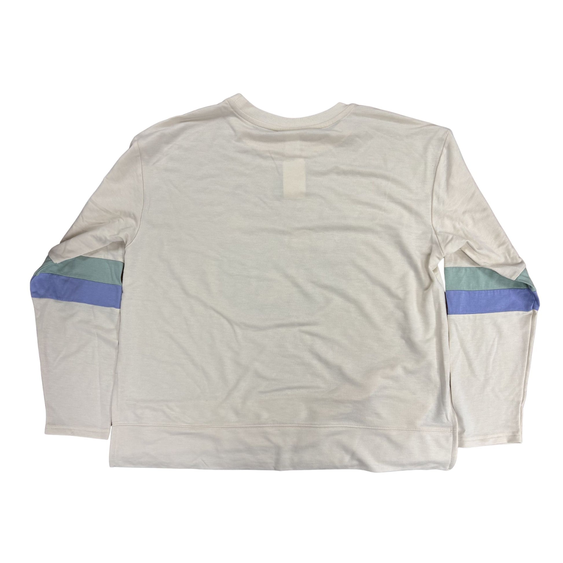 Light long-sleeve shirt with blue and green accents on sleeves against a white background
