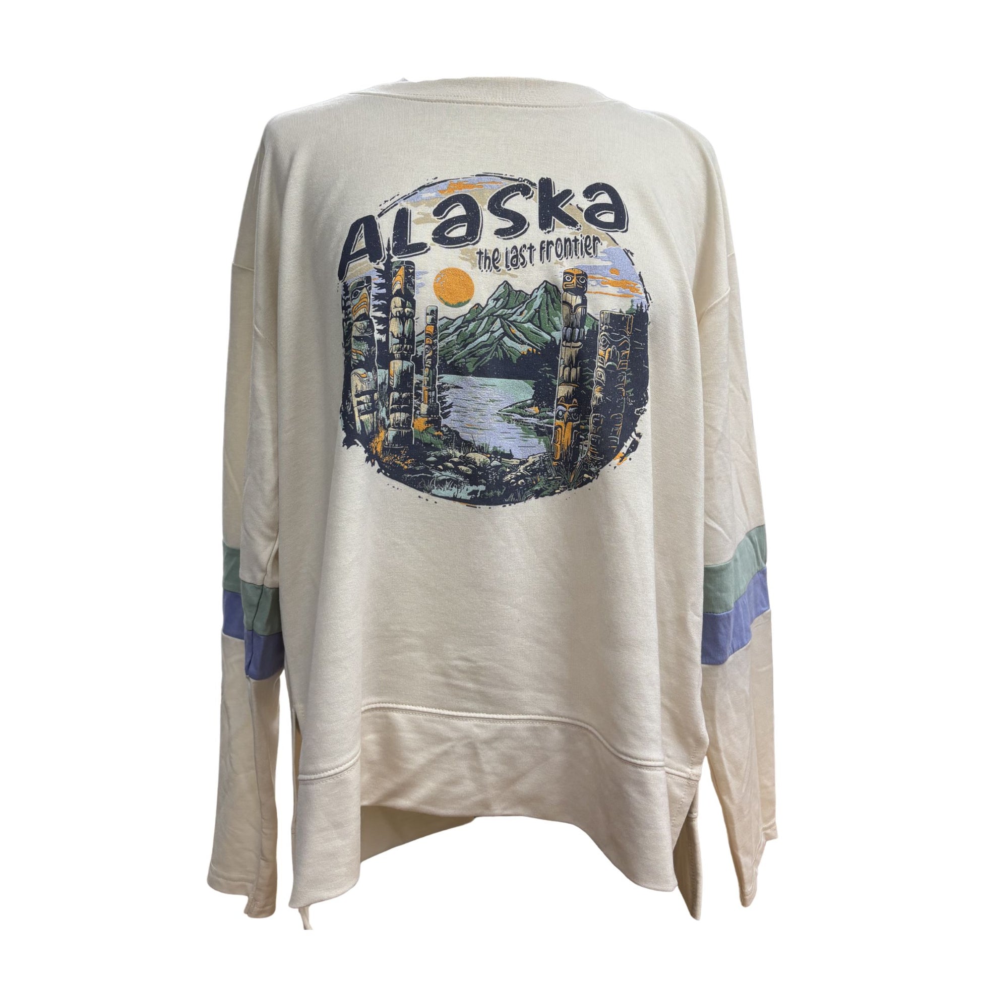 Beige sweatshirt with 'Alaska' graphic design on a white background