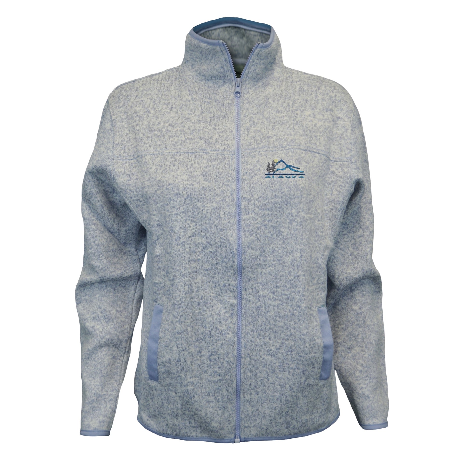 blue fleece jacket with an Alaska logo on a white background