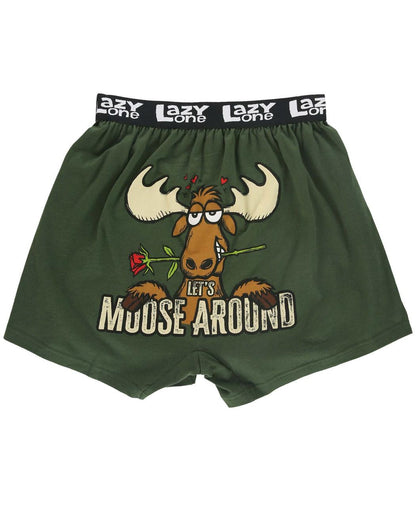 Green boxer shorts with moose graphic and 'Let's Moose Around' text 