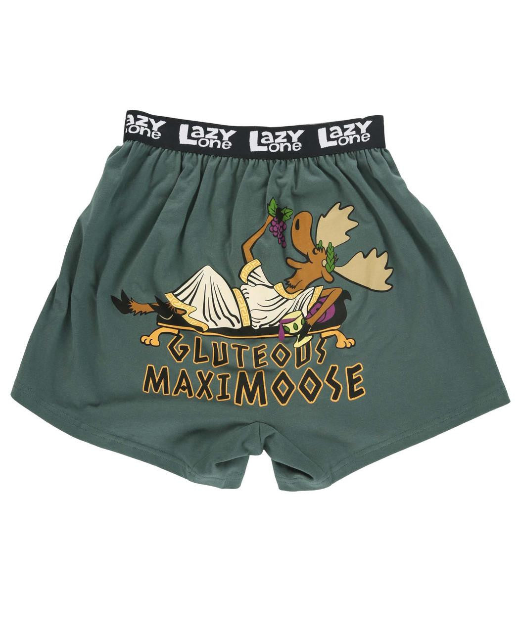 Boxer shorts with a moose graphic and funny text
