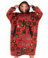 Person wearing a red hoodie with bear pattern and text on a white background