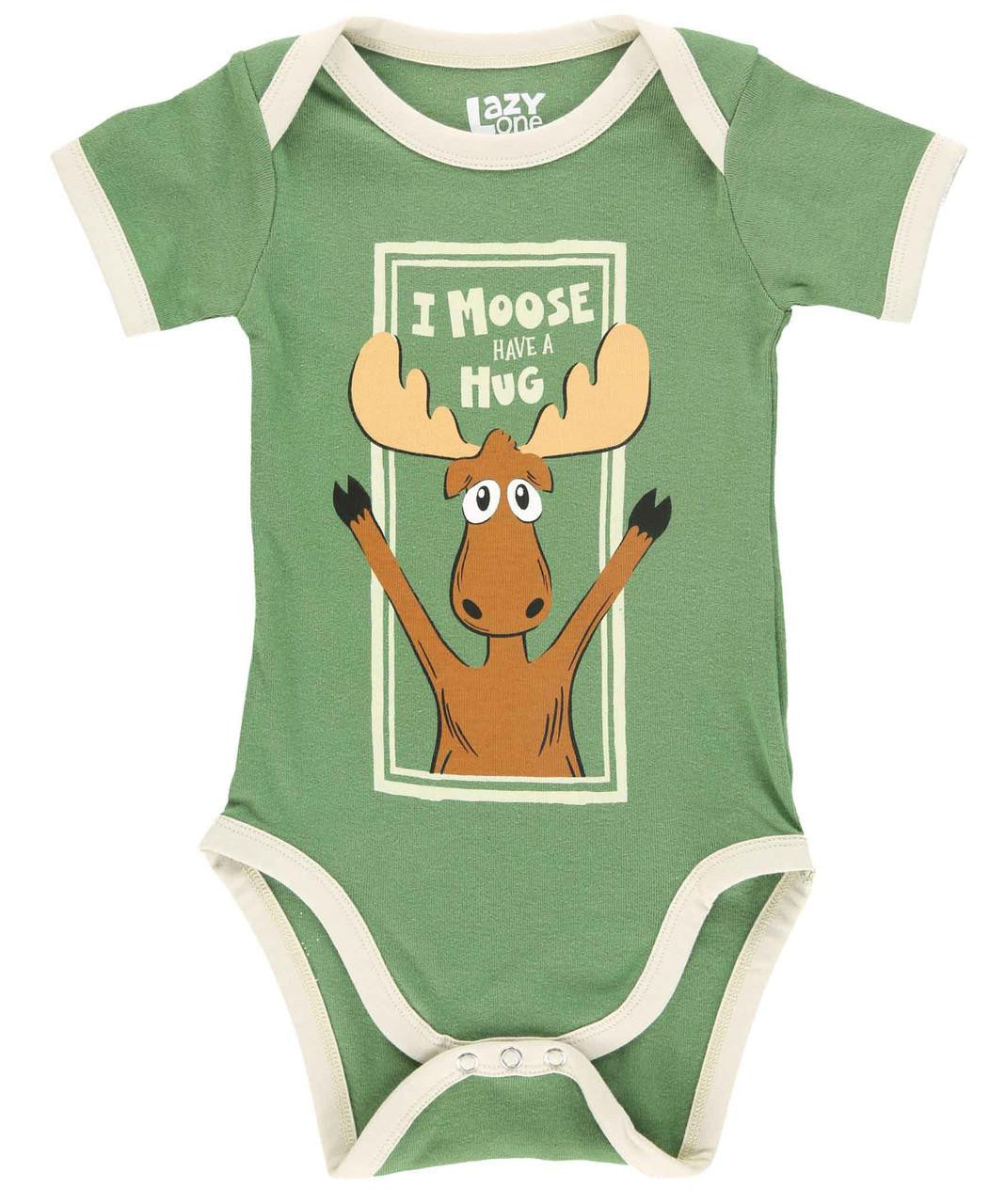 Green baby onesie with a moose graphic and text on a white background