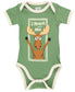 Green baby onesie with a moose graphic and text on a white background