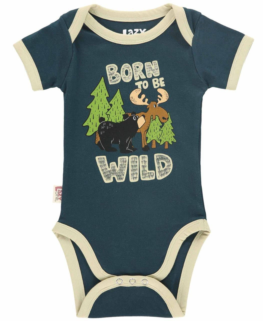 Children's onesie with bear and moose design and "BORN TO BE WILD" Text on a white background