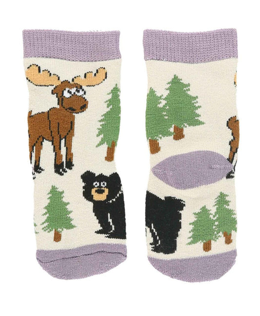 Pair of socks with moose, bear, and tree patterns on a white background