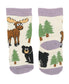 Pair of socks with moose, bear, and tree patterns on a white background