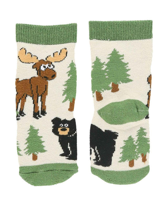 Pair of socks with moose and bear designs with green accents on a white background