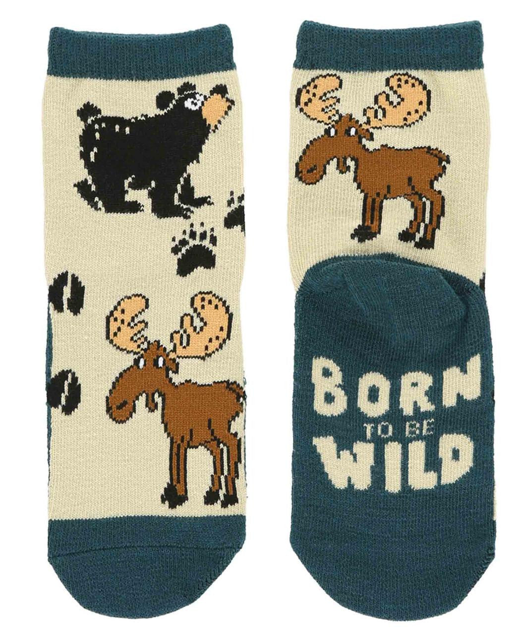 Two socks with animal designs and 'Born to be Wild' text on a white background