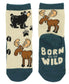 Two socks with animal designs and 'Born to be Wild' text on a white background