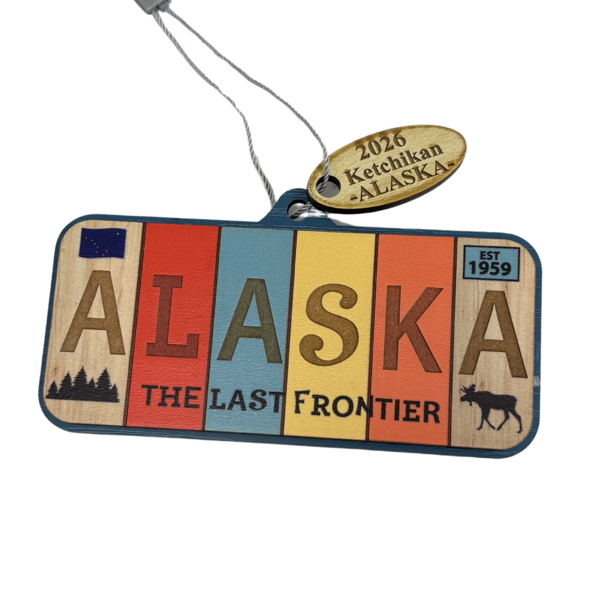 Alaska-themed license plate ornament with 'The Last Frontier' text 